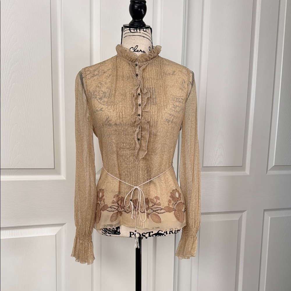 Elegant Sheer Saks Fifth Avenue Signature Black Label Blouse with Ruffle…